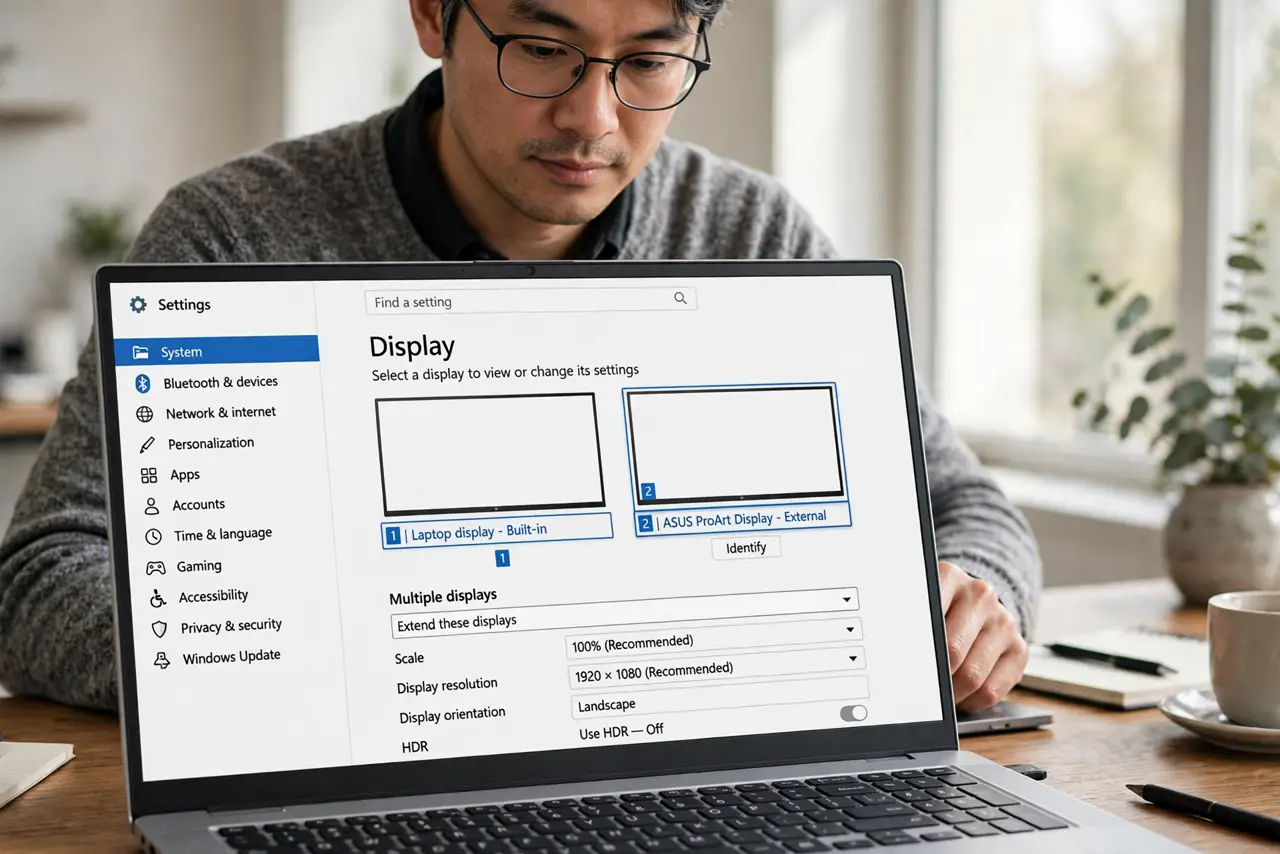 A focused man selects the external monitor in the Windows Display settings diagram.