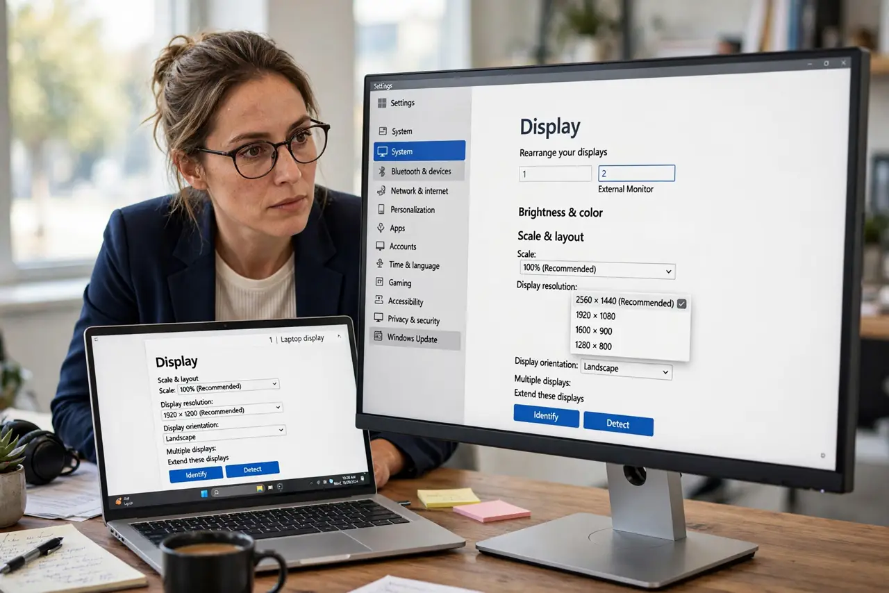 A focused woman checks the resolution dropdown in Display settings on an external monitor.