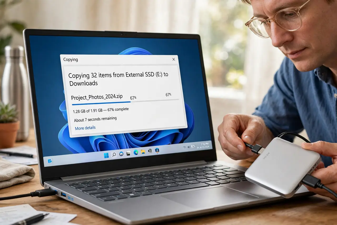 A calm adult connecting a real external SSD to a laptop, the laptop screen showing a normal file transfer window with legible text, the person checking the USB port color.