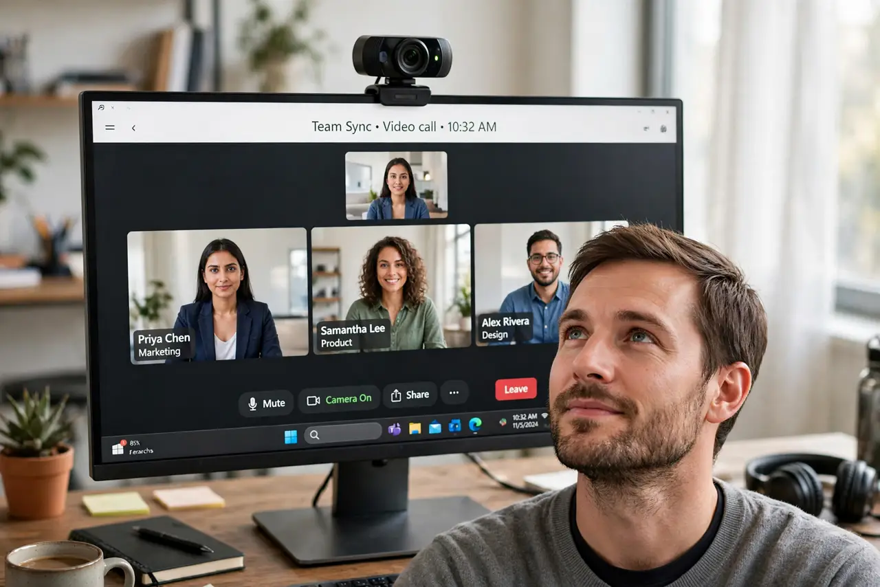 A calm professional on a video call with a real external webcam mounted on a monitor, the monitor showing the call interface with legible text, the person looking natural and well-lit.
