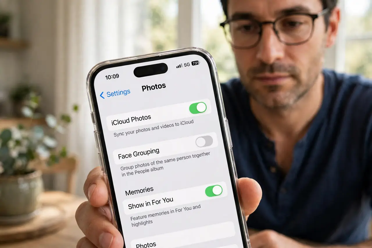 A person performing the first step: Check your phone's photo app. Look for face grouping or 'people' features in the.