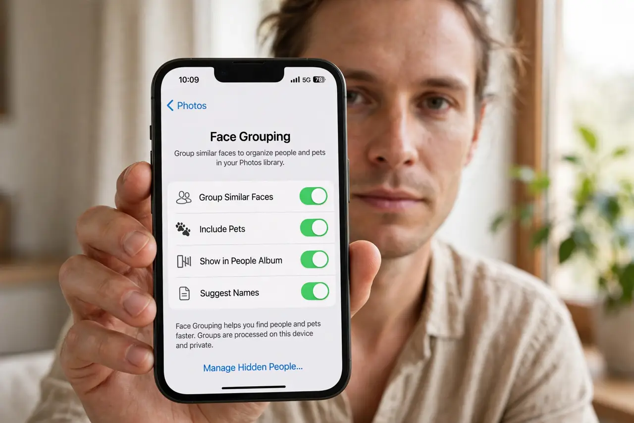An adult holding a real phone showing a photo app's face-grouping settings screen with legible toggles, the person's