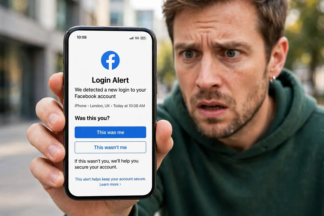 Facebook Login Alert From Unknown Device — an alarmed adult holding a real phone showing a Facebook login alert with fully legible text, the person's fac