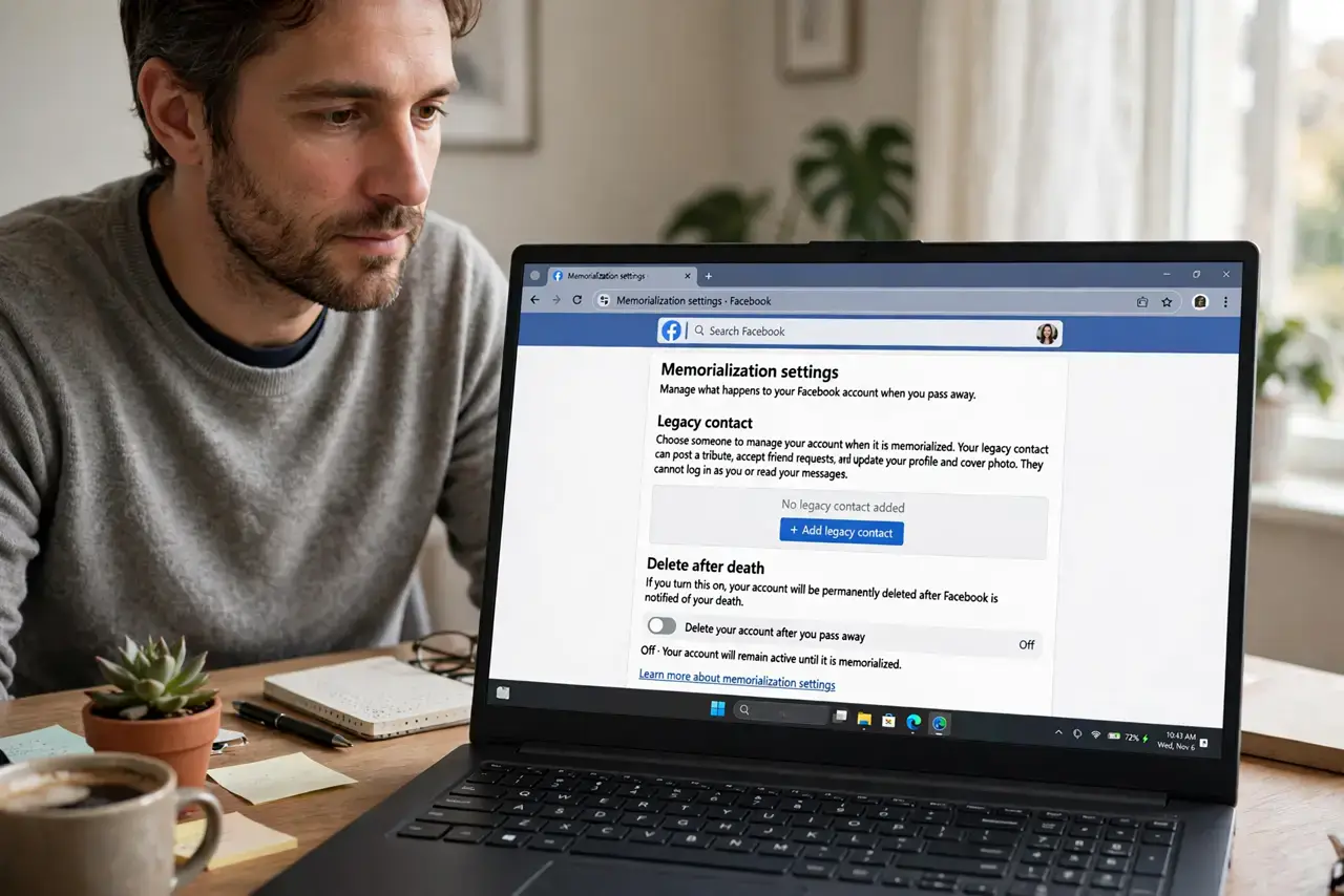 Facebook Memorialization Setting — a reflective adult at a desk with a real laptop showing Facebook's memorialization settings page with fully le