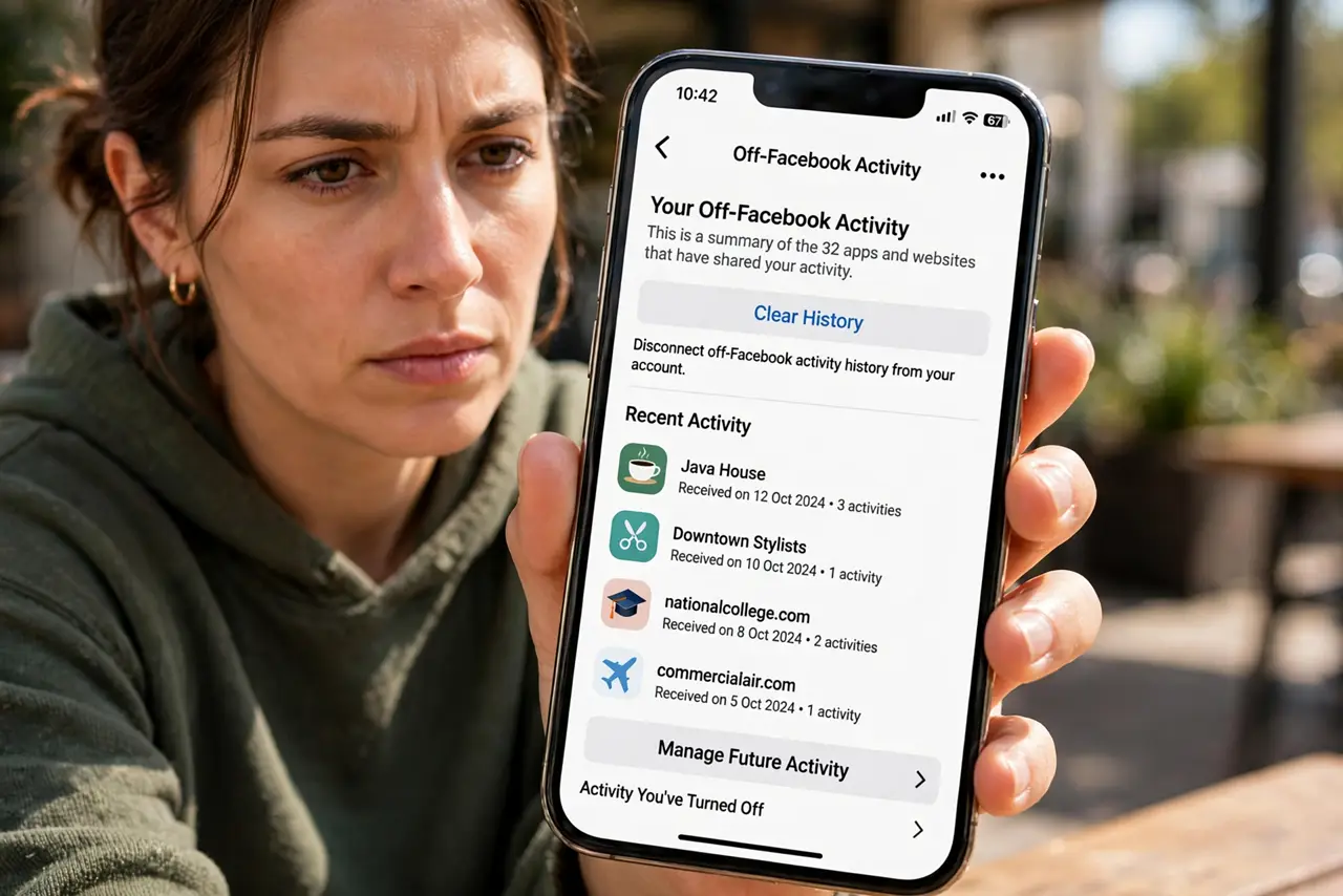 Clear Off-Facebook Activity — a privacy-aware adult looking at a real phone showing Facebook's Off-Facebook Activity screen with a list of a
