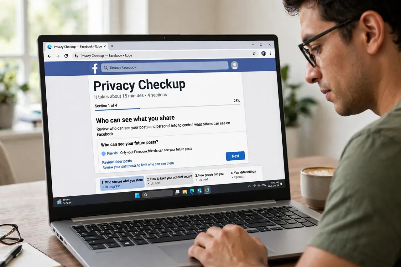 A person performing the first step of the guide: Open Privacy Checkup. On Facebook: Settings > Privacy Checkup. It runs as a guided wizard — Who can see what.
