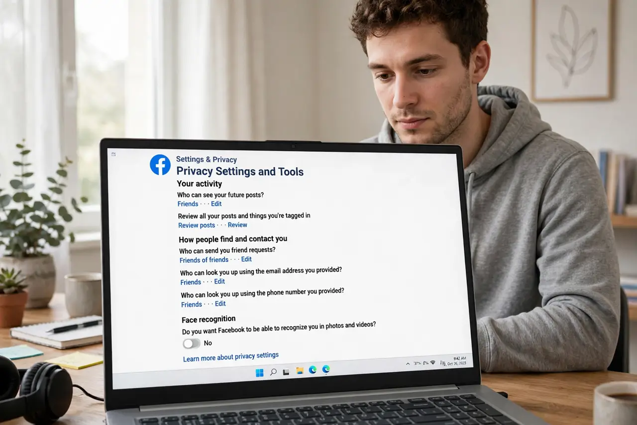 A person reviewing real Facebook privacy settings on a laptop screen with legible options, the person's face focused, home office. No black screen.