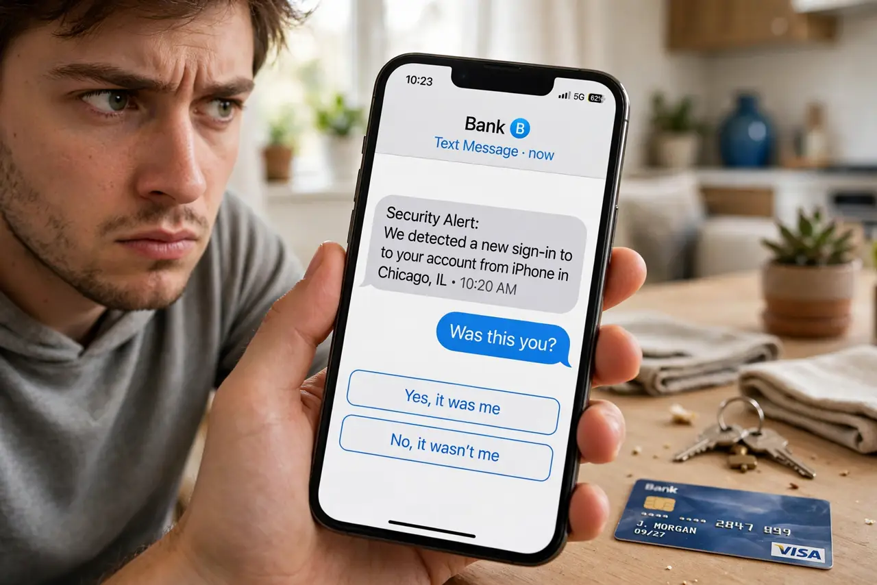 a person holding a real phone looking suspicious, a real bank card visible on the table beside them, the person's face wary, home setting, daylight. No black screen, no blank white.