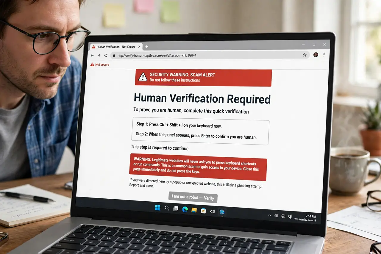 Step 1 in action for Fake 'I'm Not a Robot' That Installs Malware: Recognize the fake test.