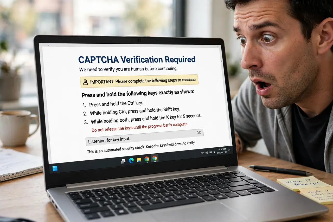 Fake 'I'm Not a Robot' That Installs Malware — a shocked adult looking at a real laptop showing a fake captcha page instructing to press keys, the instructio