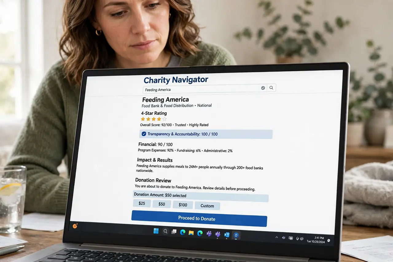 A person performing the first step: Pause before the emotional donate. Urgency is the scammer's tool — real relief work continues for months. A donation.