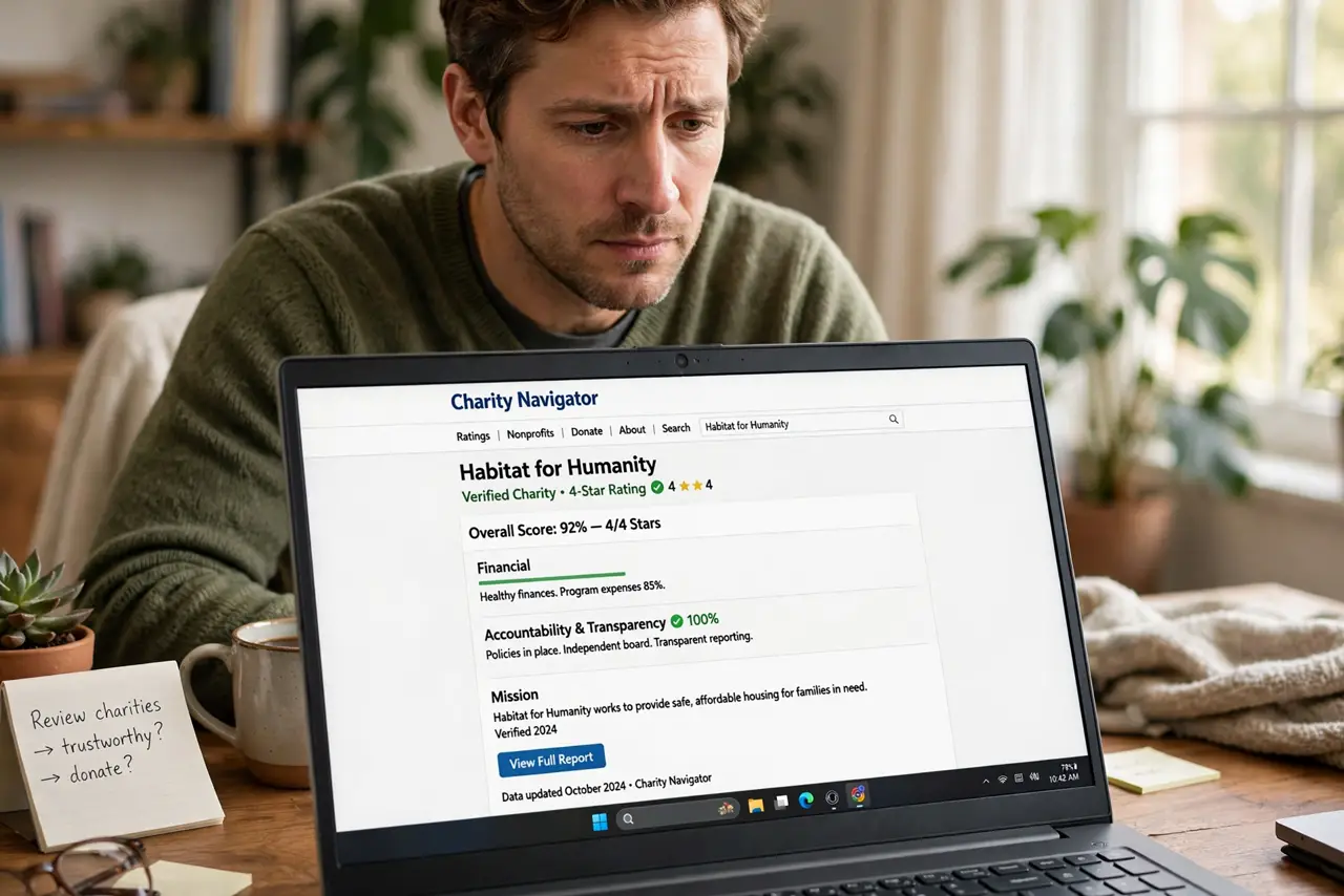 A compassionate adult at a real laptop showing a charity verification site fully legible, the person's face thoughtful, home office.