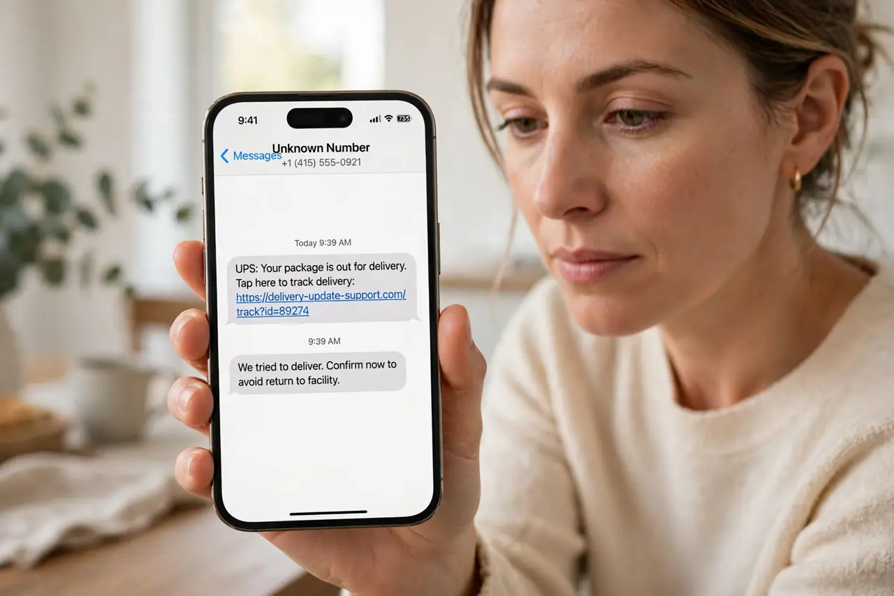 Fake Delivery Text? Do Not Click — Check Safely — step 1 being performed on the device.