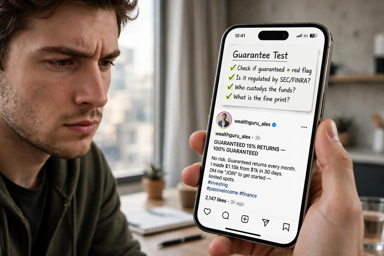 A person performing the first step: Apply the guarantee test. 'Guaranteed returns' is the brightest red flag in finance — it is literally illegal for real.