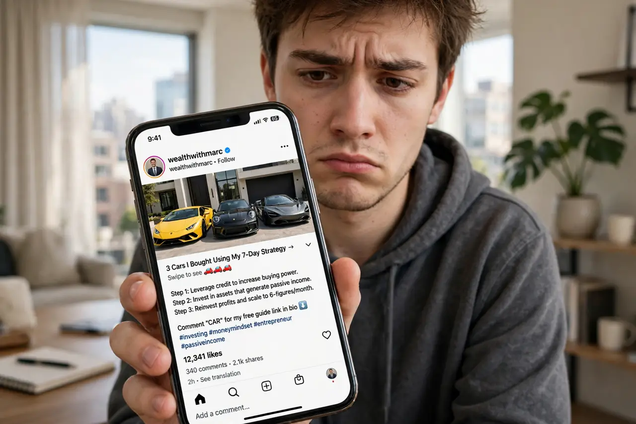 A skeptical young adult scrolling a real phone showing a flashy investment guru post with luxury cars fully legible, the person's face unimpressed, city apartment.