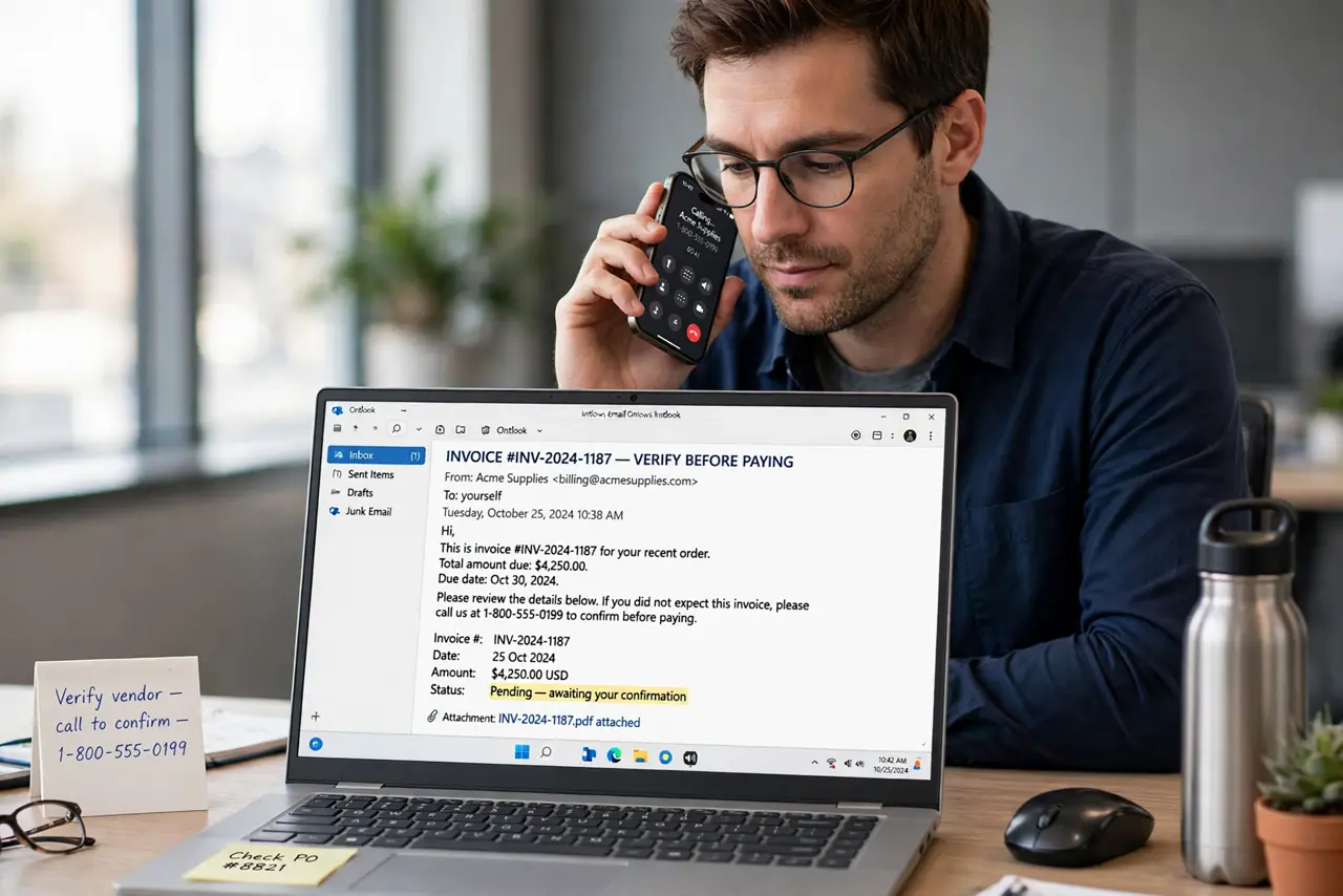 A person performing the first step: Verify with the vendor directly. Call the vendor at a number you already have — not the one in the email. One call.