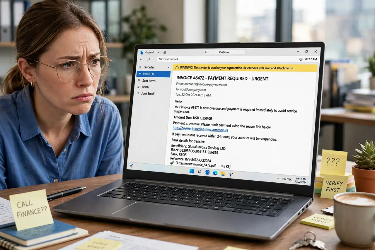 A careful office worker at a real laptop showing a suspicious invoice email fully legible, the person's face skeptical, office.