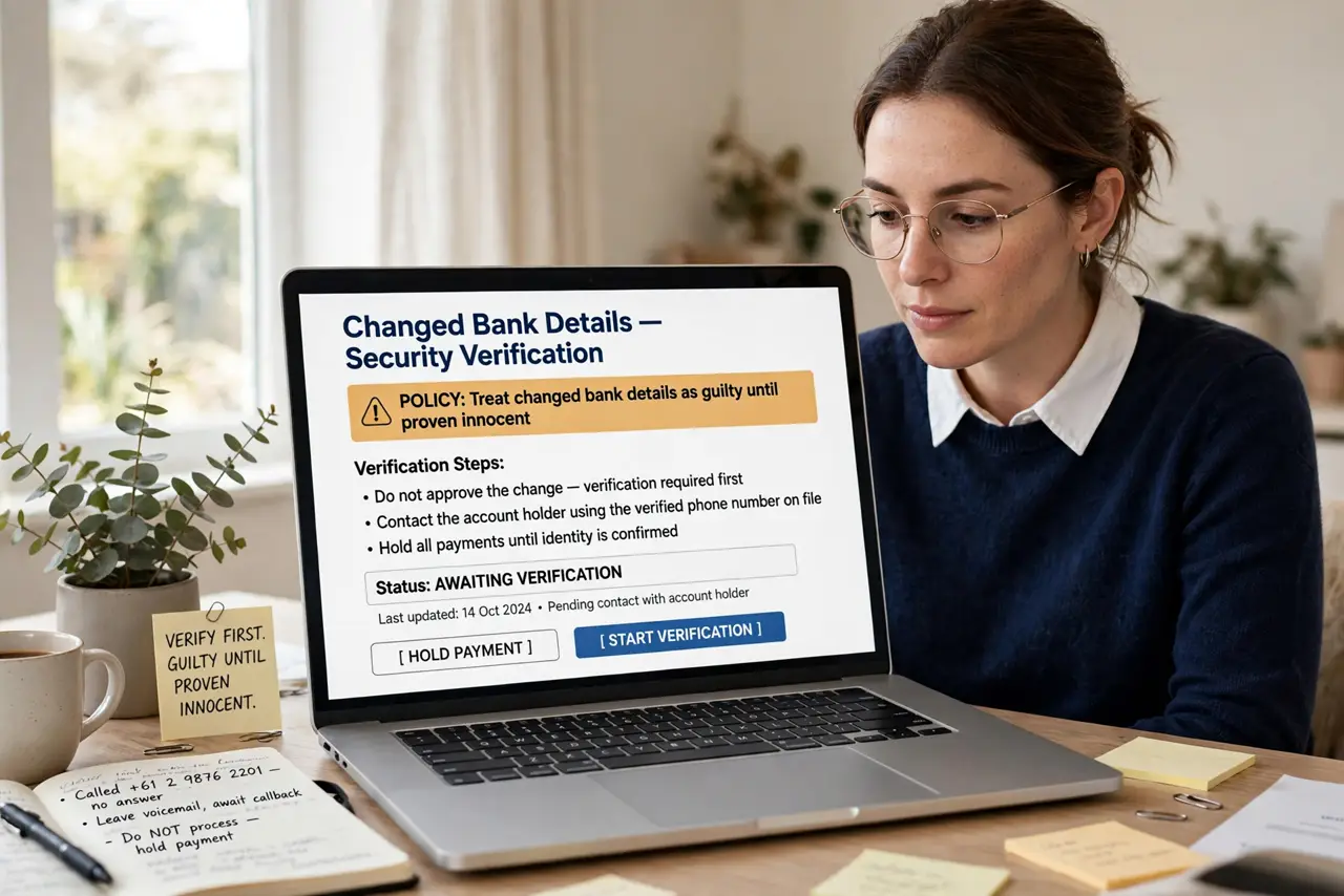 A person calmly performing the guide's first step: Treat changed bank details as guilty until proven innocent.