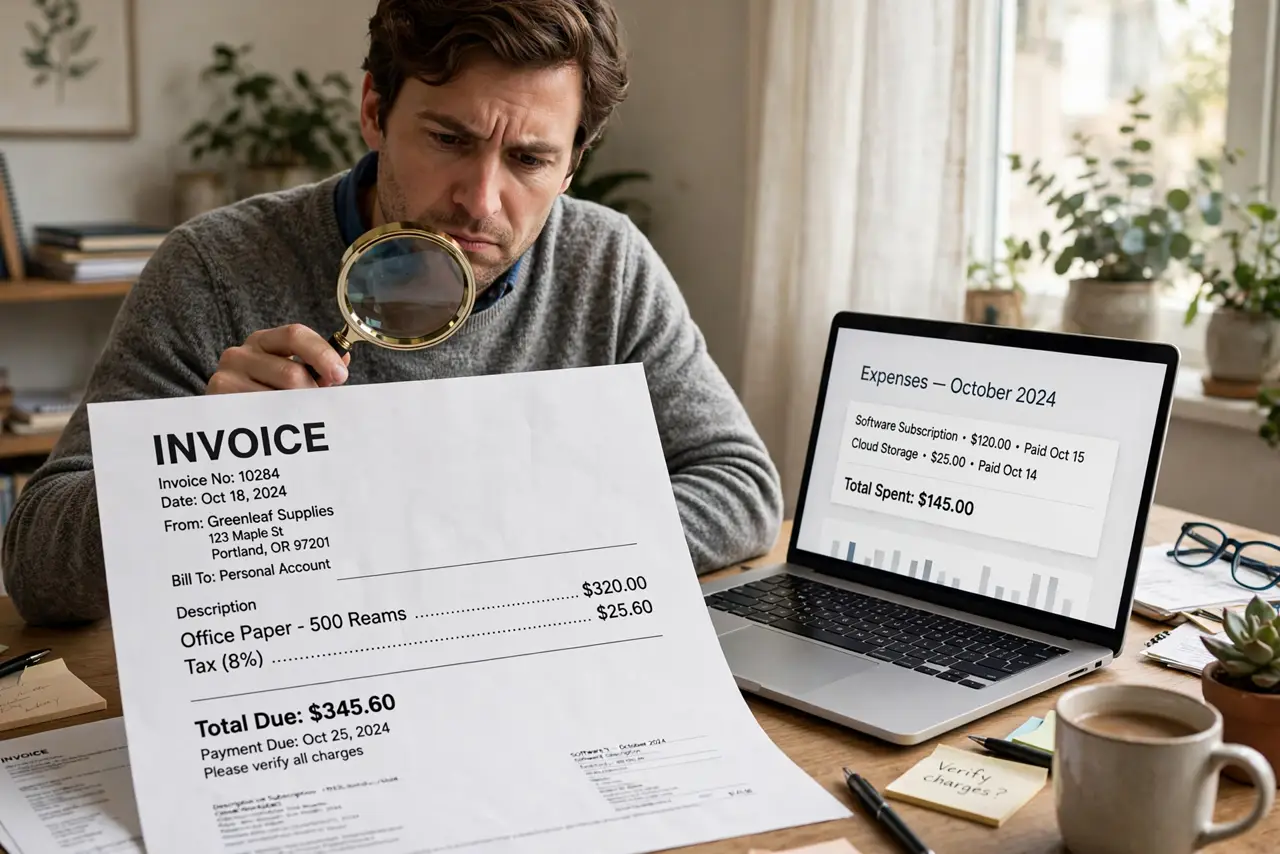a person at a real desk examining a printed invoice with a magnifying glass, a real laptop open beside them, the person's face skeptical, home office. No black screen, no blank whi.