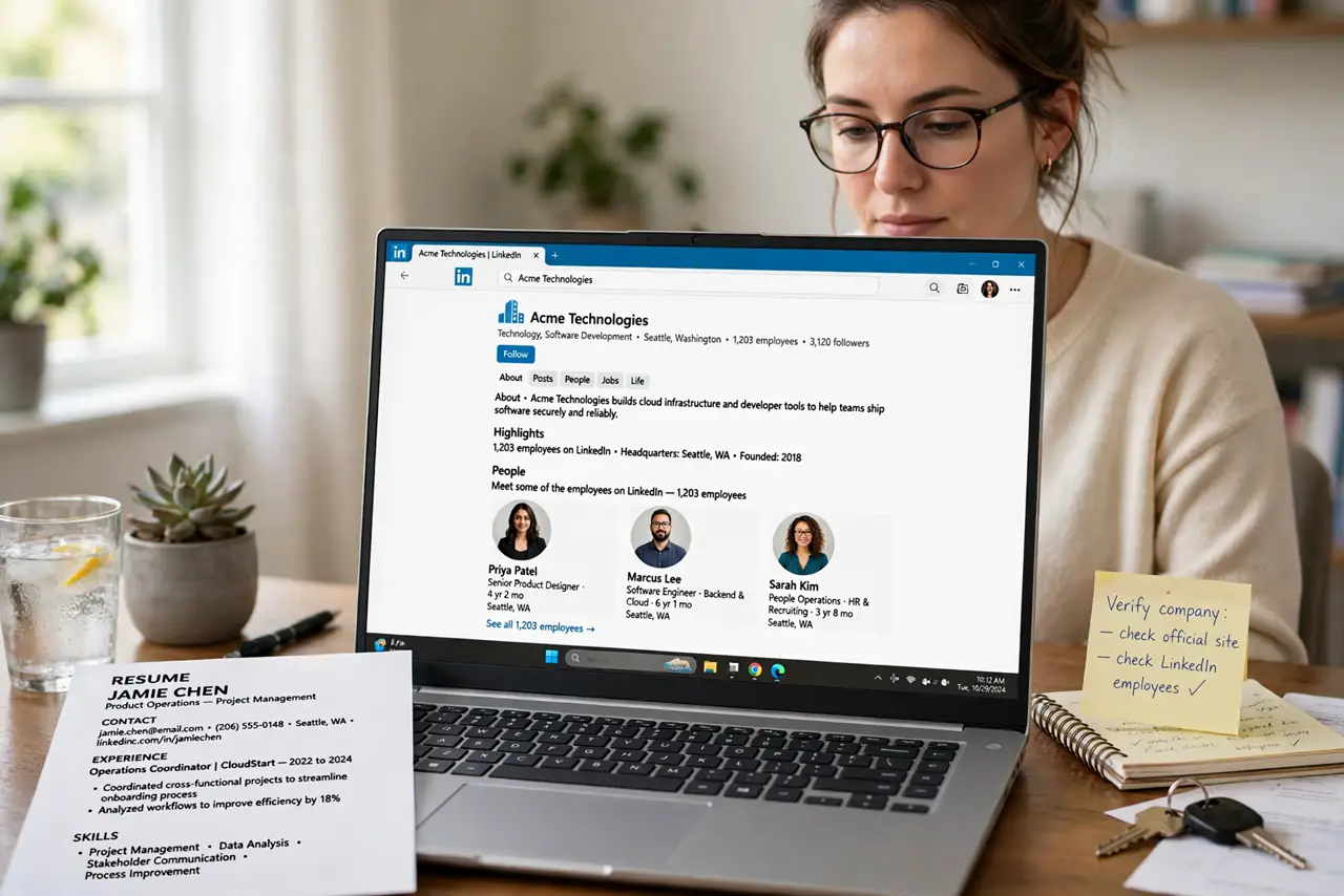 A person performing the first step: Verify the company independently. Search the company yourself — official site, real phone number, real employees on.