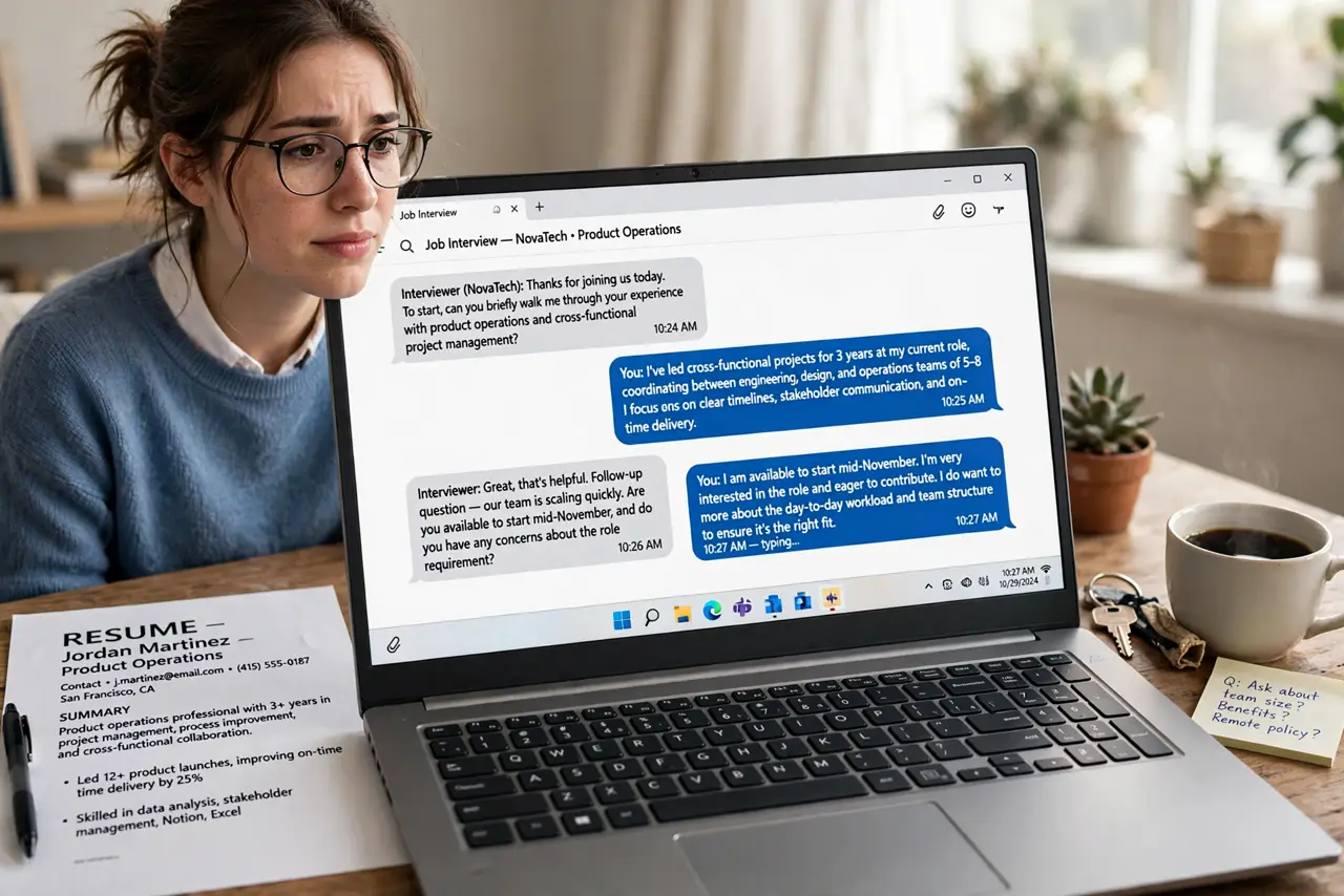 A hopeful job seeker at a real laptop showing a chat-based job interview fully legible, a resume beside the keyboard, the person's face eager then cautious, home desk.