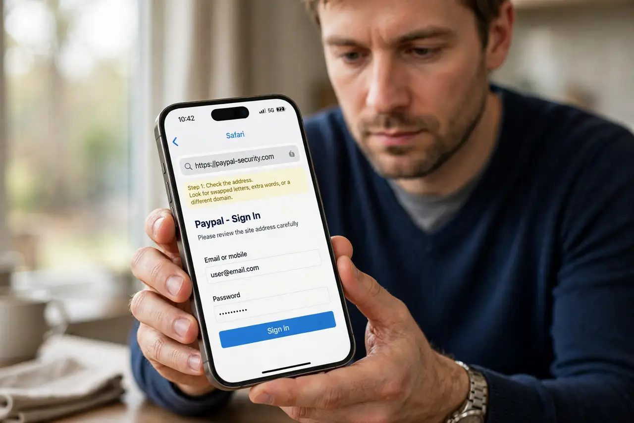 Fake Login Page Copies a Real Site? Spot It — step 1 being performed on the device.