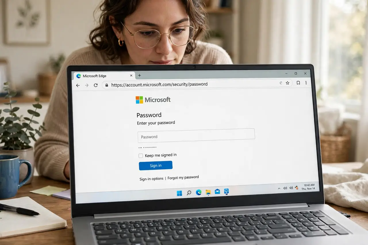 Photoreal photo of a person performing the first step: Read the address bar, not the page. The page can be copied perfectly; the domain cannot be f...