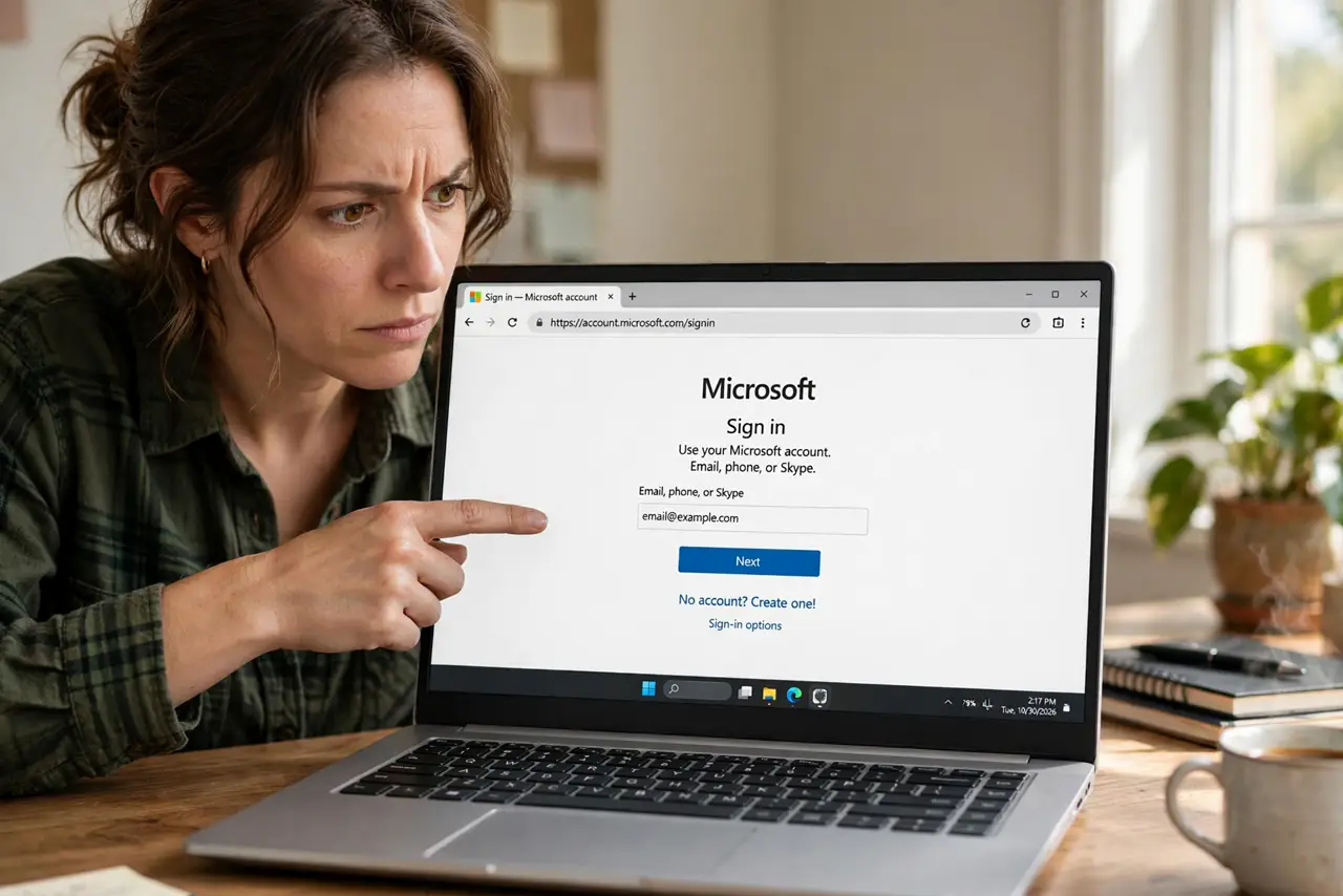 Photoreal photo: a person looking skeptically at a real laptop showing a login page with the browser address bar clearly visible and legible, the person's finger pointing at the URL, face suspicious, home office. N...