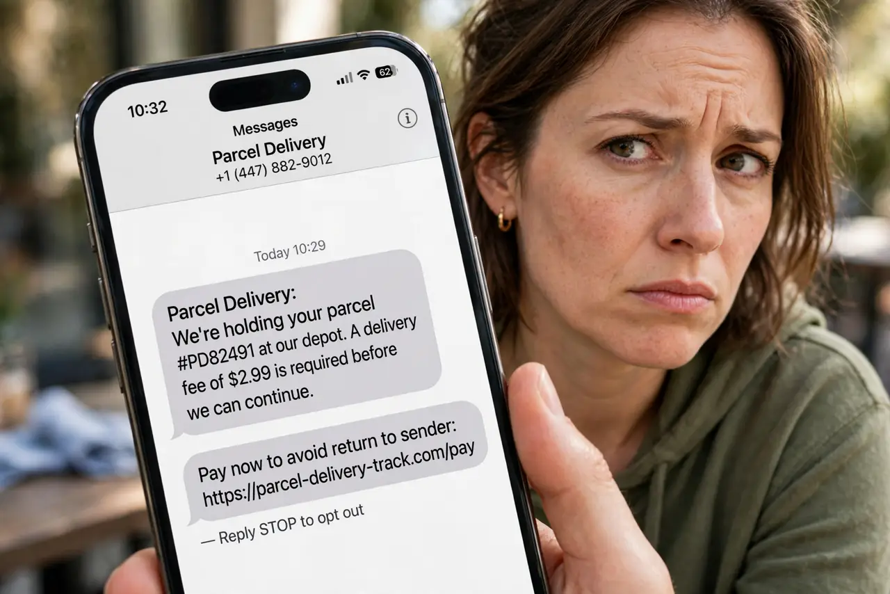 Fake Parcel Delivery Texts — a skeptical adult holding a real phone showing a fake parcel delivery text message, the message fully legible,