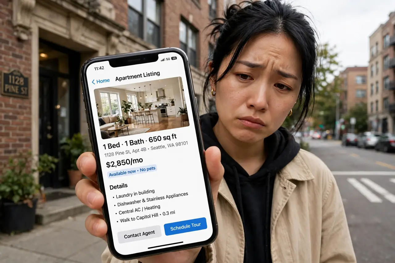 A frustrated renter holding a real phone showing a beautiful apartment listing fully legible, standing outside an apartment building, the person's face disappointed, city street.