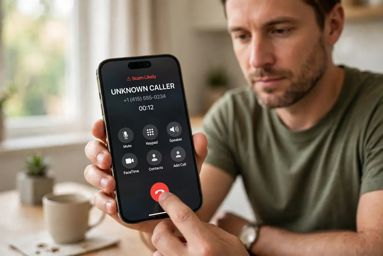 Fake Support Call? Hang Up, Never Give Access — step 1 being performed on the device.