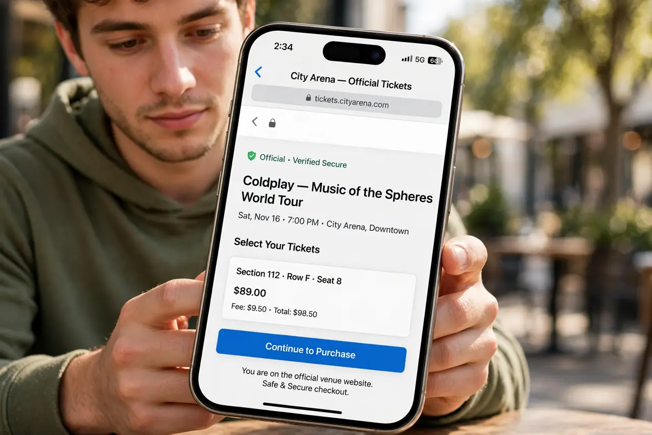 A person performing the first step: Buy through official channels first. The artist's site, the venue, and authorized sellers — boring, but the ticket.