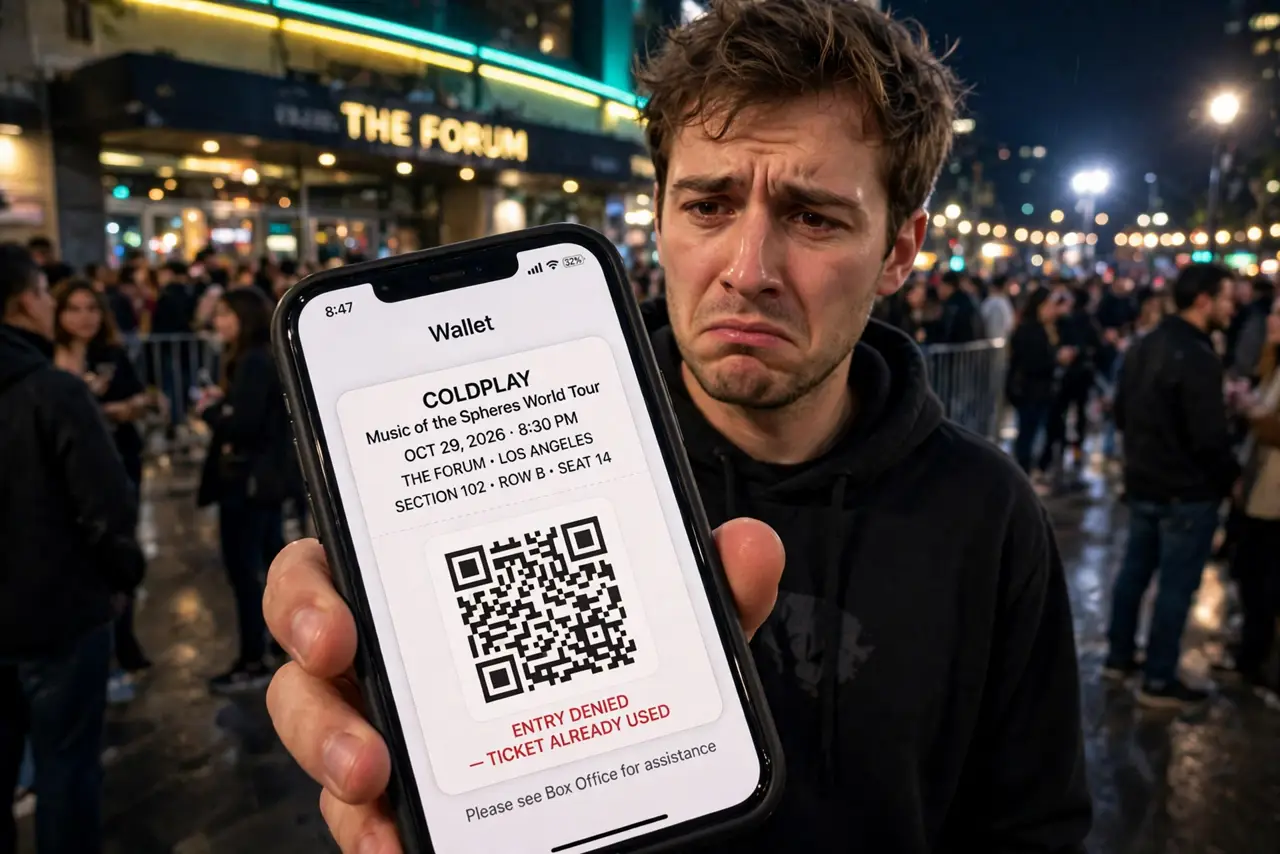 A disappointed fan holding a real phone showing a ticket QR code fully legible outside a venue at night, the person's face frustrated, crowd behind.