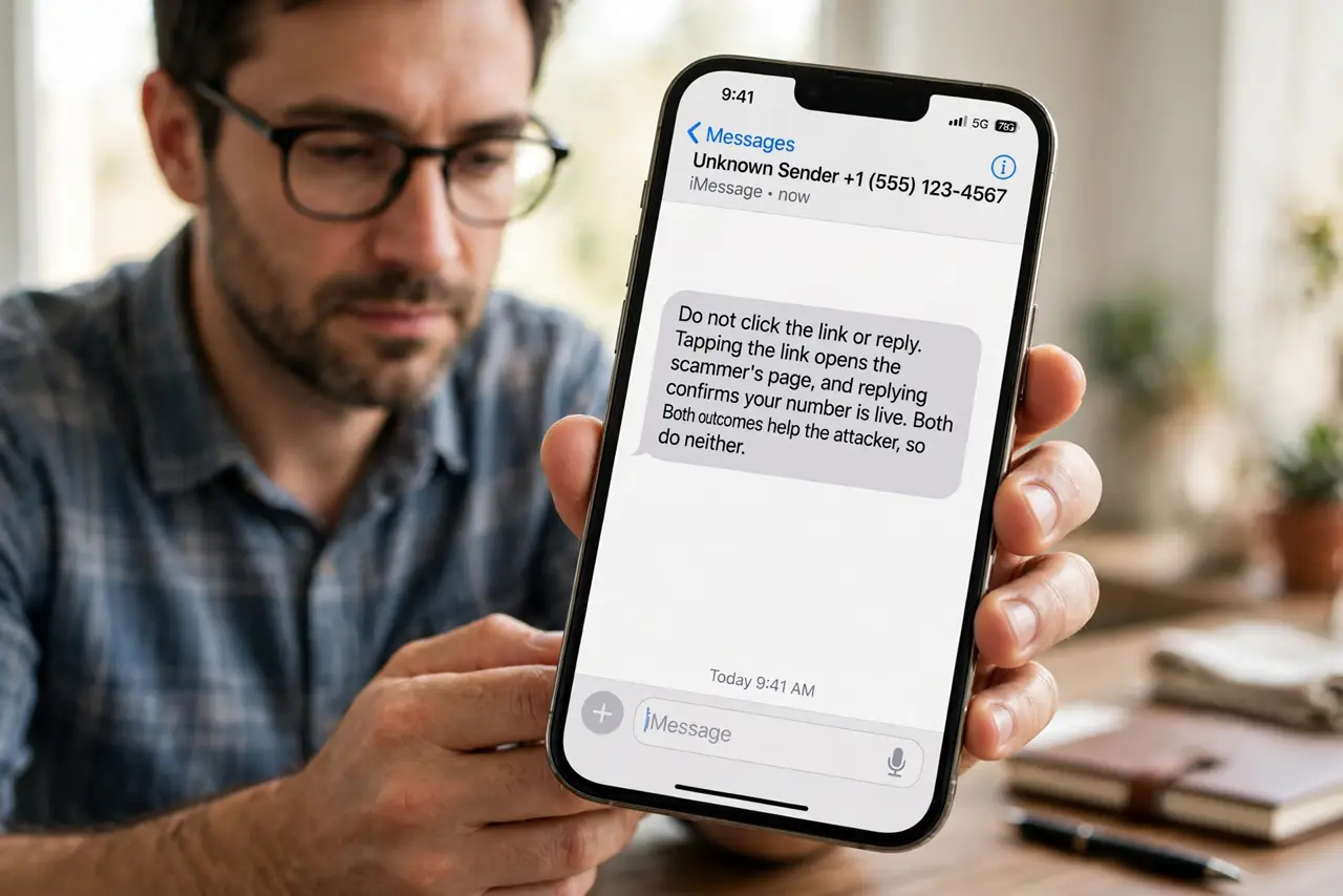 A person performing step 1 of the guide: Do not click the link or reply. Tapping the link opens the scammer's page, and replying confirms your number is live. Both outcomes help...