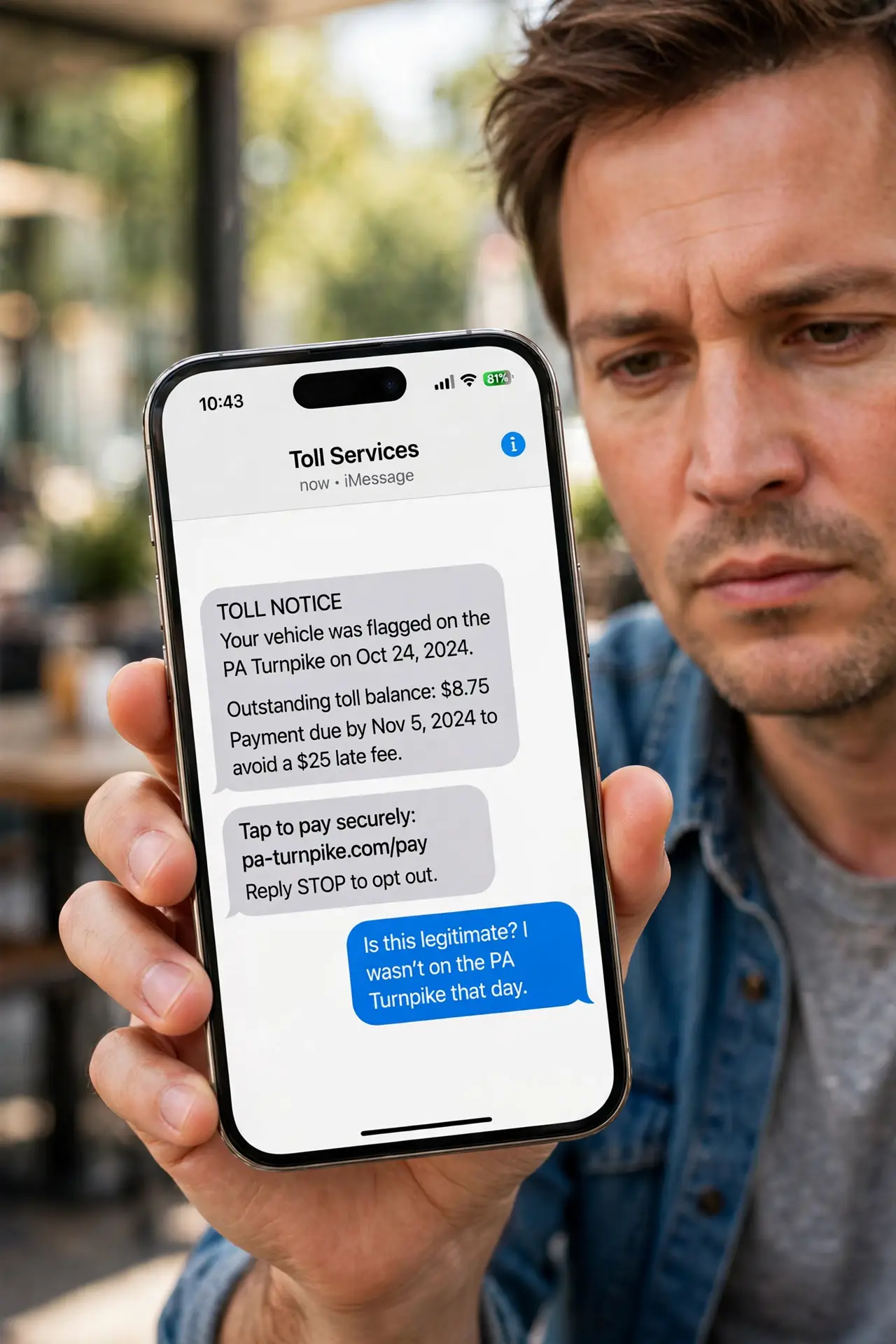 a calm adult holding a real iPhone showing a normal text message thread with legible text about a toll notice, the person looking at it skeptically