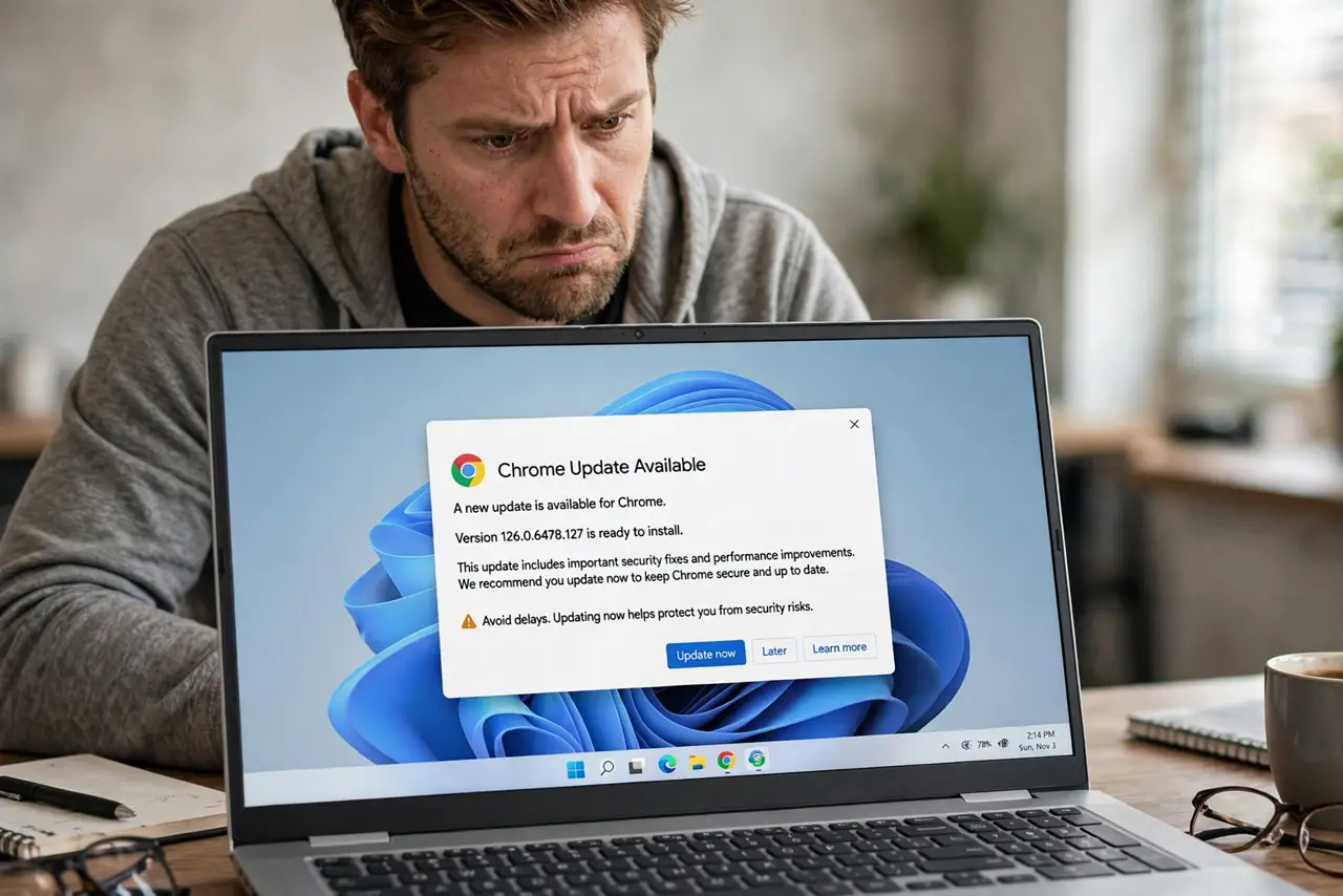 'Update Chrome' Pop-Up — a doubtful adult looking at a real laptop showing a fake Chrome update pop-up, the pop-up text fully legible,