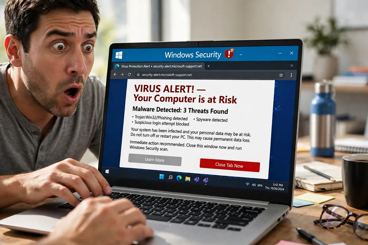 Fake Virus Warning Blocks Browser? Close It Safely — photo showing the situation described in the guide.