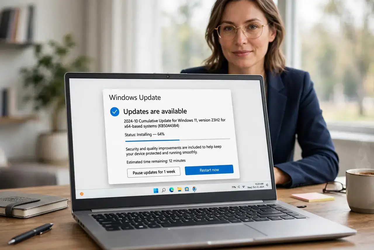 Real vs Fake Update Prompts — a discerning adult at a desk with a real laptop showing a genuine system update notification with fully legibl