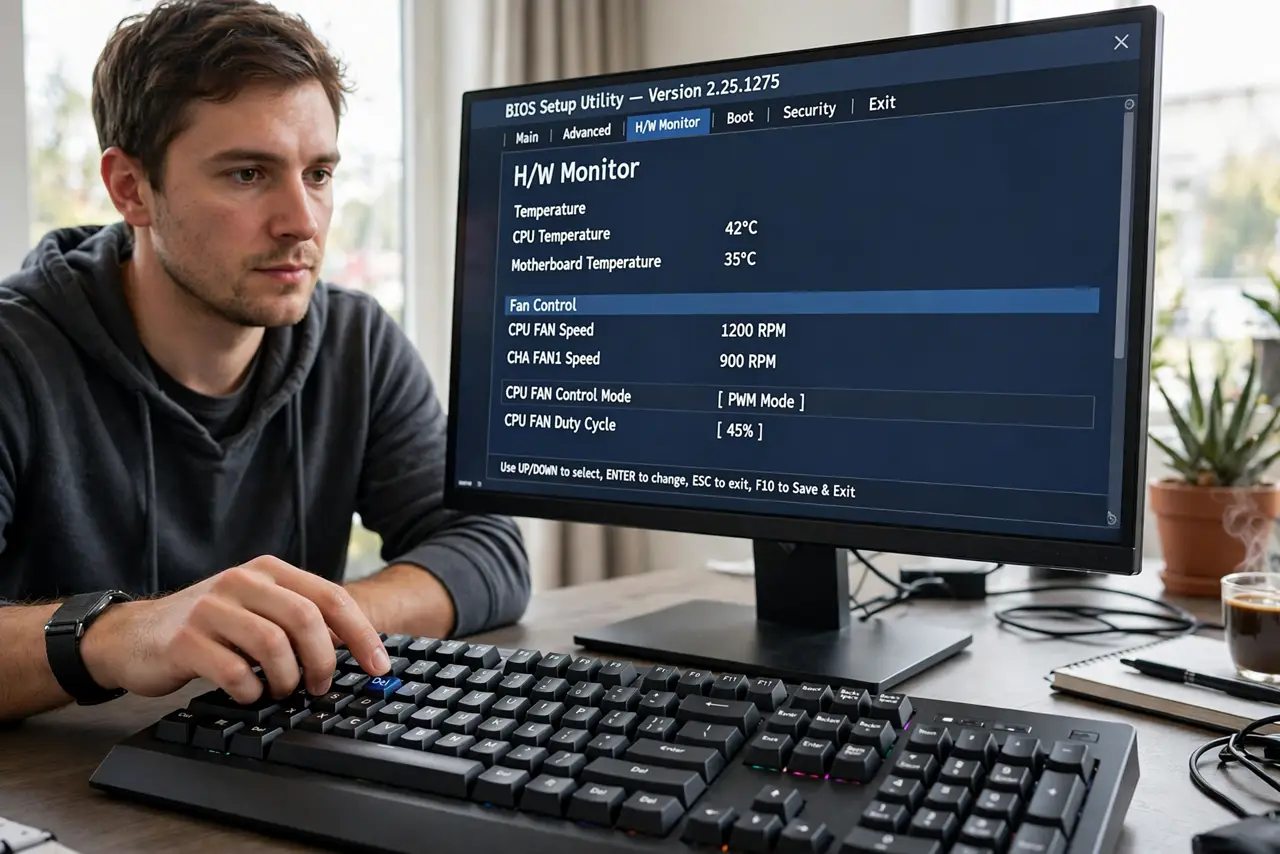 A person performing the first step: Enter the BIOS hardware monitor. Reboot into setup (Del/F2) and find H/W Monitor.
