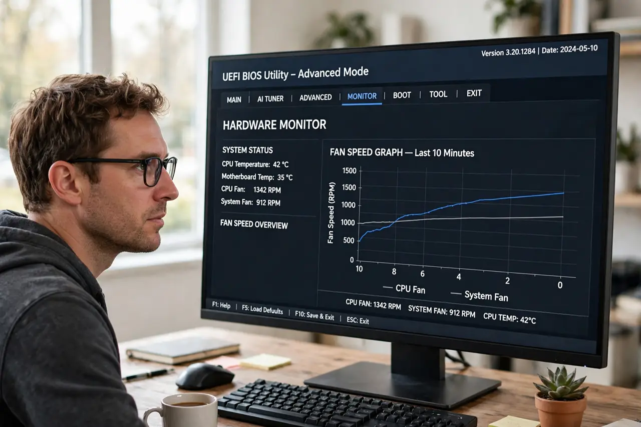 A person looking at a real desktop monitor showing a BIOS hardware monitor screen with a fan speed graph legible, the
