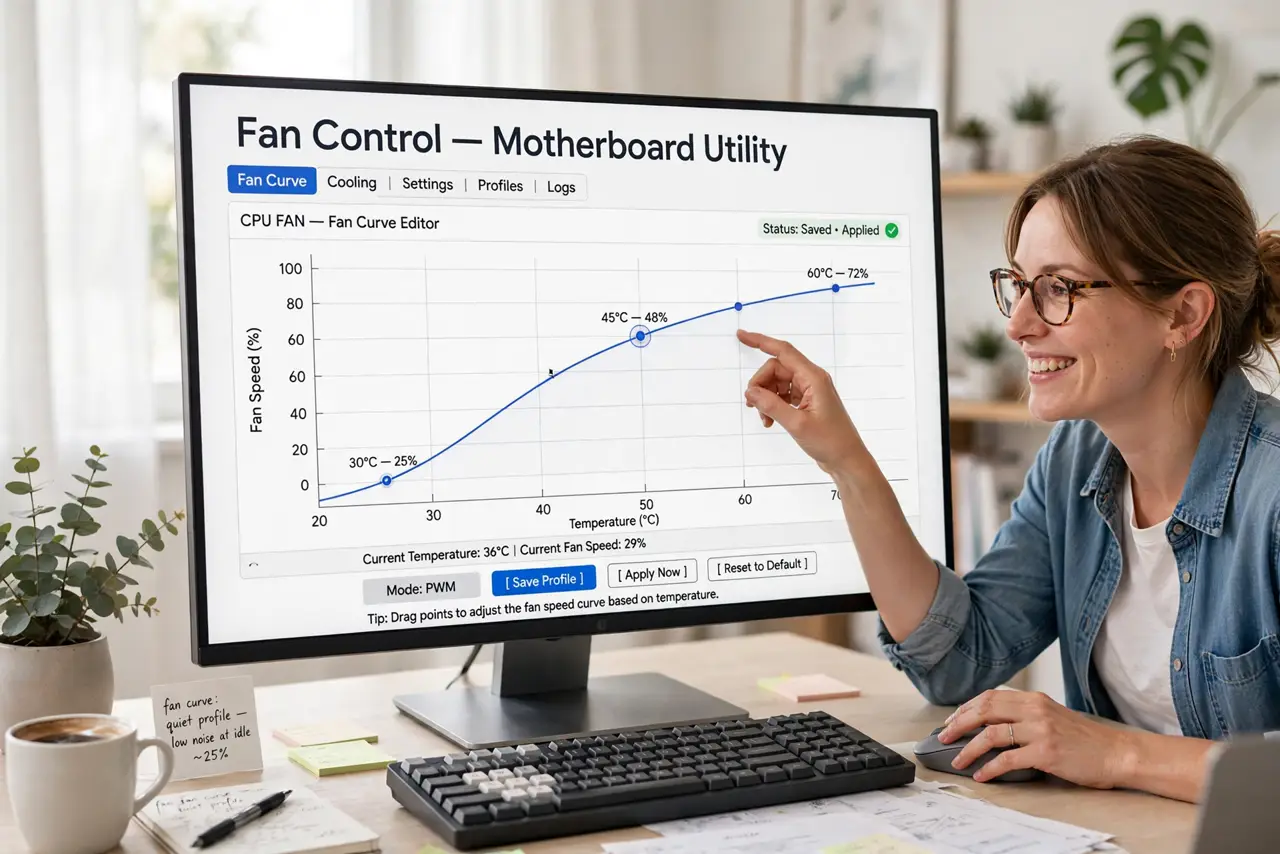 a person adjusting a fan curve graph in real motherboard software on a monitor, the curve showing low speed at low temps rising smoothly, the person's face pleased, bright workspac.