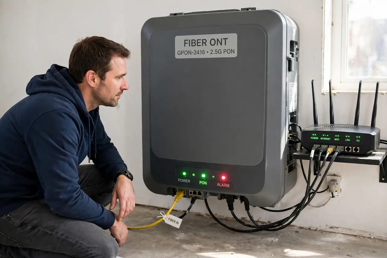 Fiber Box Blinking Red — a calm adult kneeling next to a real fiber ONT box on a wall, the box showing a blinking red light, a real rou