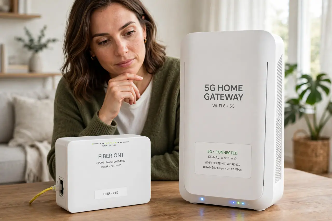 a person comparing a real fiber ONT box and a real 5G home gateway side by side on a table, the person's face thoughtful, bright living room. No black screen, no blank white screen.