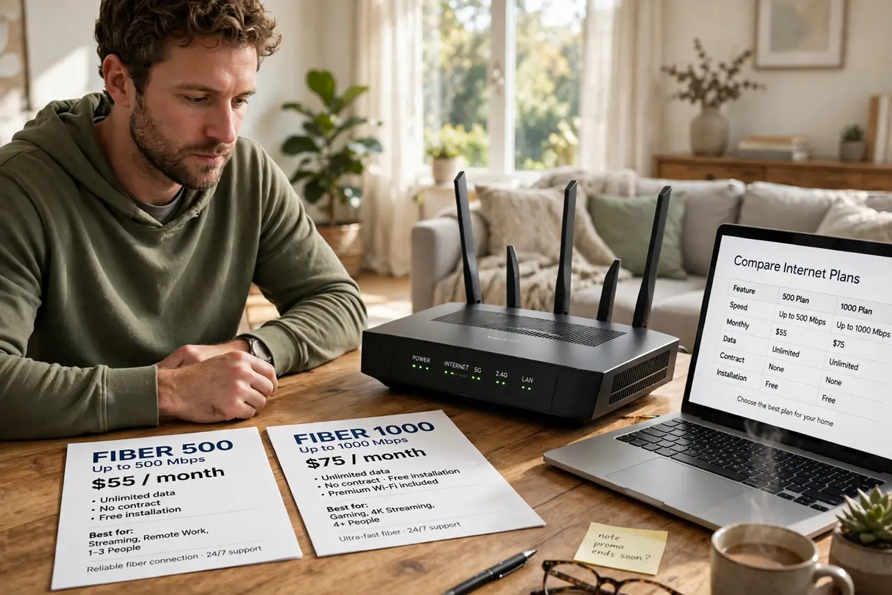 A person at home looking at two real internet plan brochures on a table next to a router with legible status lights, a laptop open beside them, the.