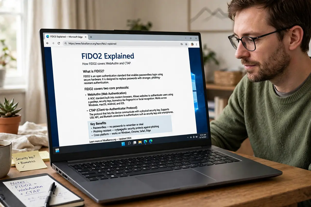 Photoreal photo of a person performing the first step: Learn what the name covers. FIDO2 is the umbrella standard from the FIDO Alliance, combining We
