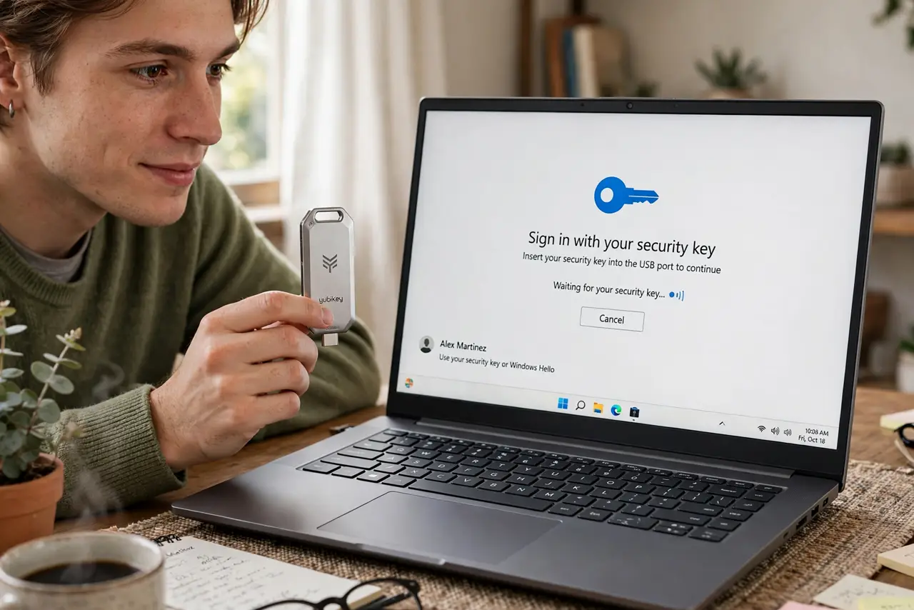 Photoreal photo: a person holding a real security key next to a real laptop showing a login screen with a legible security-key prompt, the person's face curious, desk at home. No black screen, no blank white screen, no fake or garbled