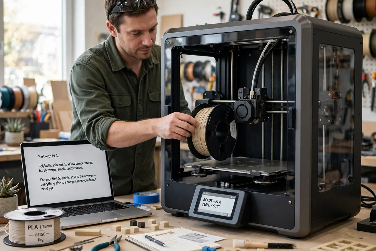 A person performing the first step of the guide: Start with PLA. Polylactic acid: prints at low temperatures, barely warps, smells faintly sweet. For your.