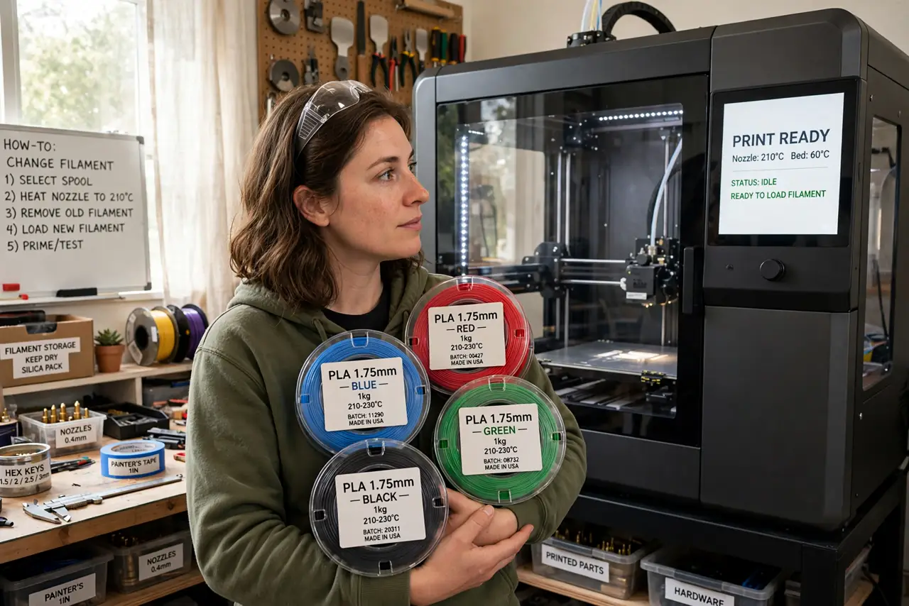A person holding several real filament spools in different colors with legible labels, a real 3D printer behind them, the person's face curious.