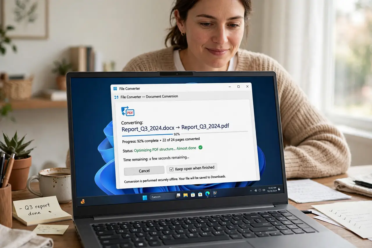 a person at a real laptop with a file converter window open showing a document converting to PDF with legible progress text, the person's face relieved, home...