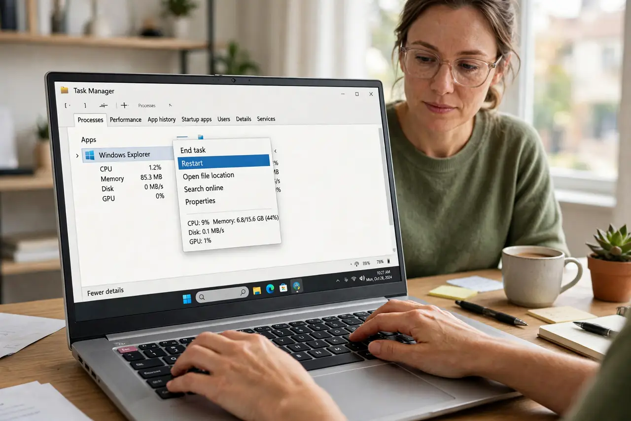 An adult opening Task Manager to restart Windows Explorer.
